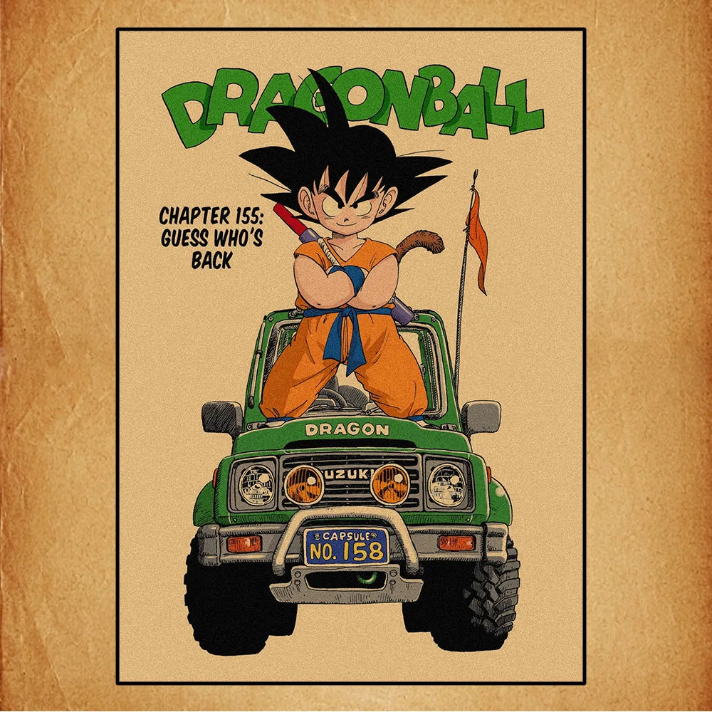 Retro Poster Dragon Ball - junger Goku auf seinem Fahrzeug alle Gelände