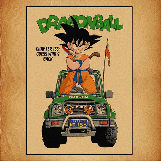Affiche rétro Dragon Ball - Goku enfant sur son véhicule tout terrain