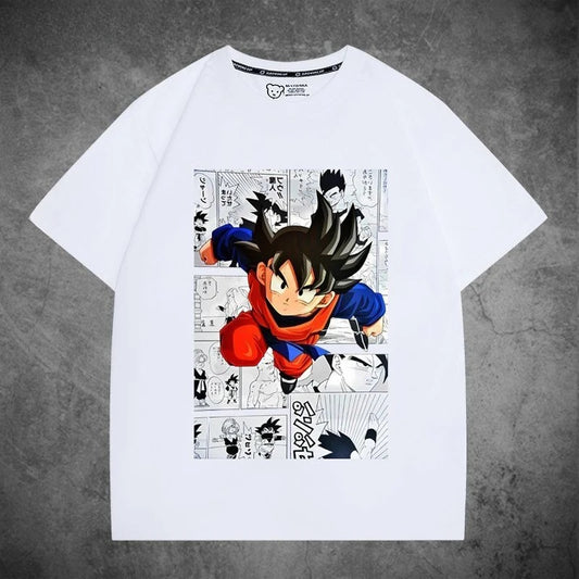 T-shirt blanc pour enfant Dragon Ball Goku enfant en plein saut sur cases de manga
