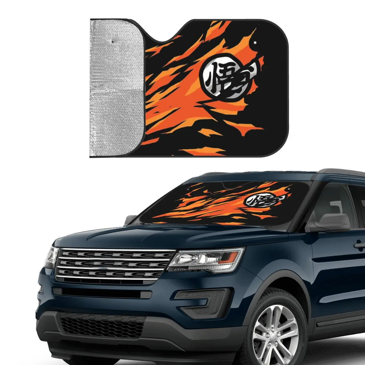 Zwarte auto parasol Dragon Ball kanji Go en oranje merken