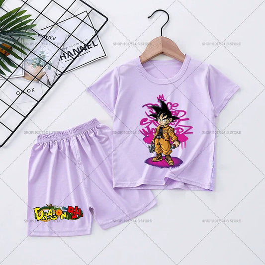 Pigiama corto viola per bambini Dragon Ball - Goku e cerchi rosa