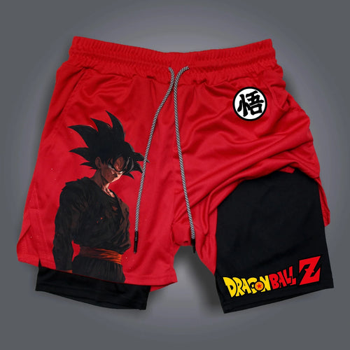 Red and black double layer shorts Dragon Ball - profile Goku silhouette