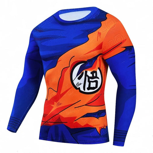 T-shirt met lange mouwen oranje en blauwe Dragon Ball outfit van Goku en kanji Go