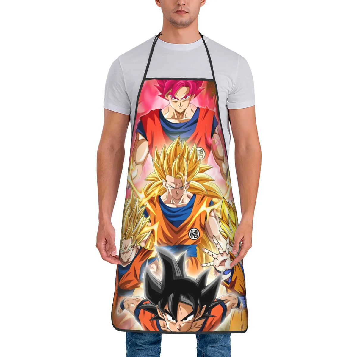 Tablier de cuisine noir et blanc Dragon Ball - Goku et transformations en manga