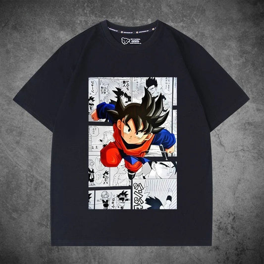 T-shirt noir pour enfant Dragon Ball Goku enfant en plein saut sur cases de manga