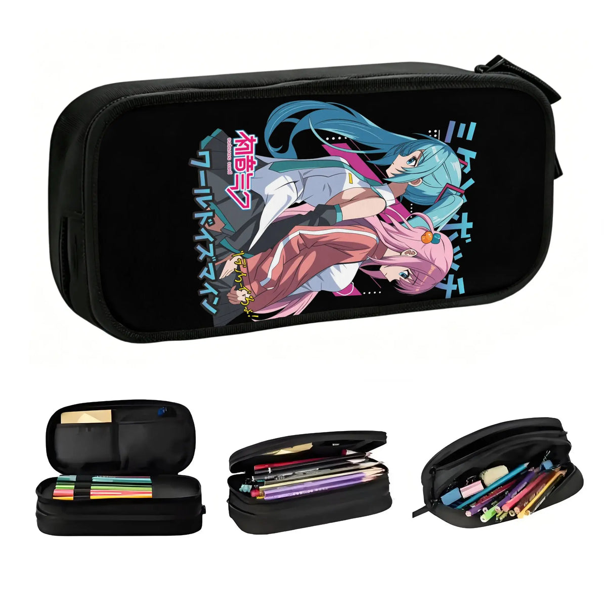 Vocaloid schwarzer Bleistiftkoffer - Hatsune Miku mit langen blauen Zöpfen