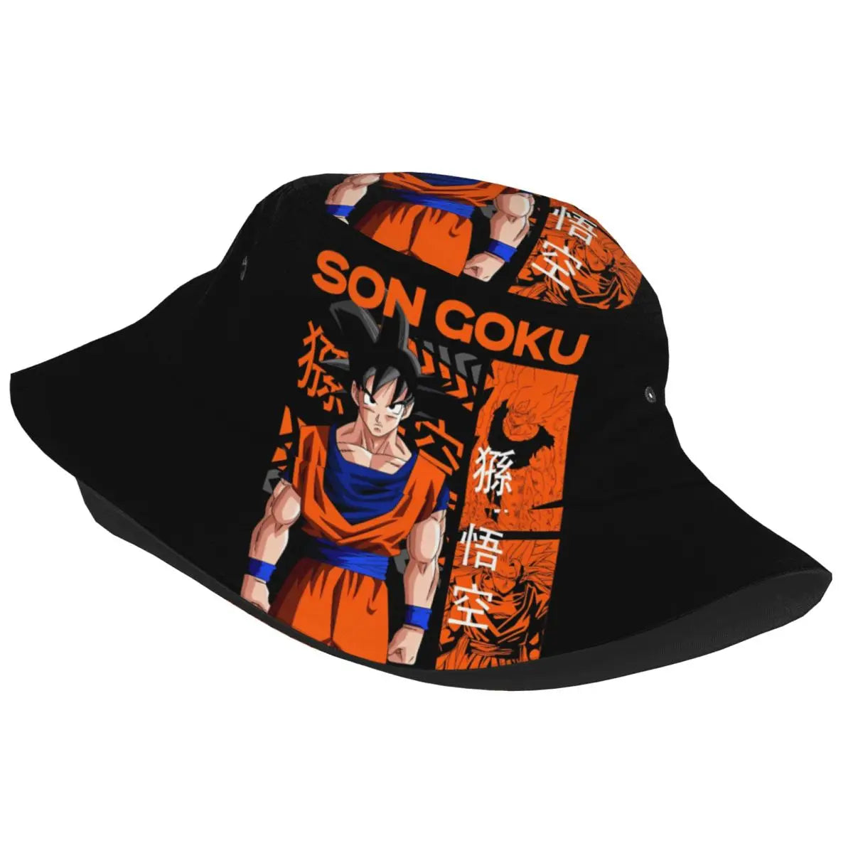 Gorro de pescador negro y naranja Dragon Ball - Goku de pie e inscripciones japonesas