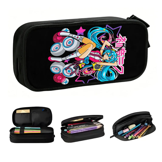 Pochette scolaire noire Vocaloid - Hatsune Miku avec enceintes multicolores