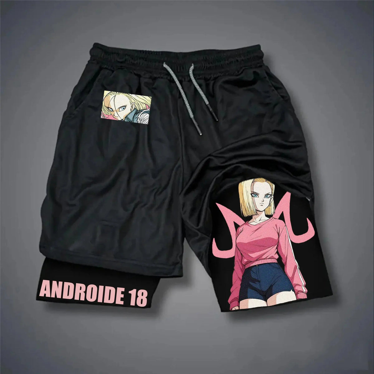 Short doble capa negro Dragon Ball - C18 y retrato rosa