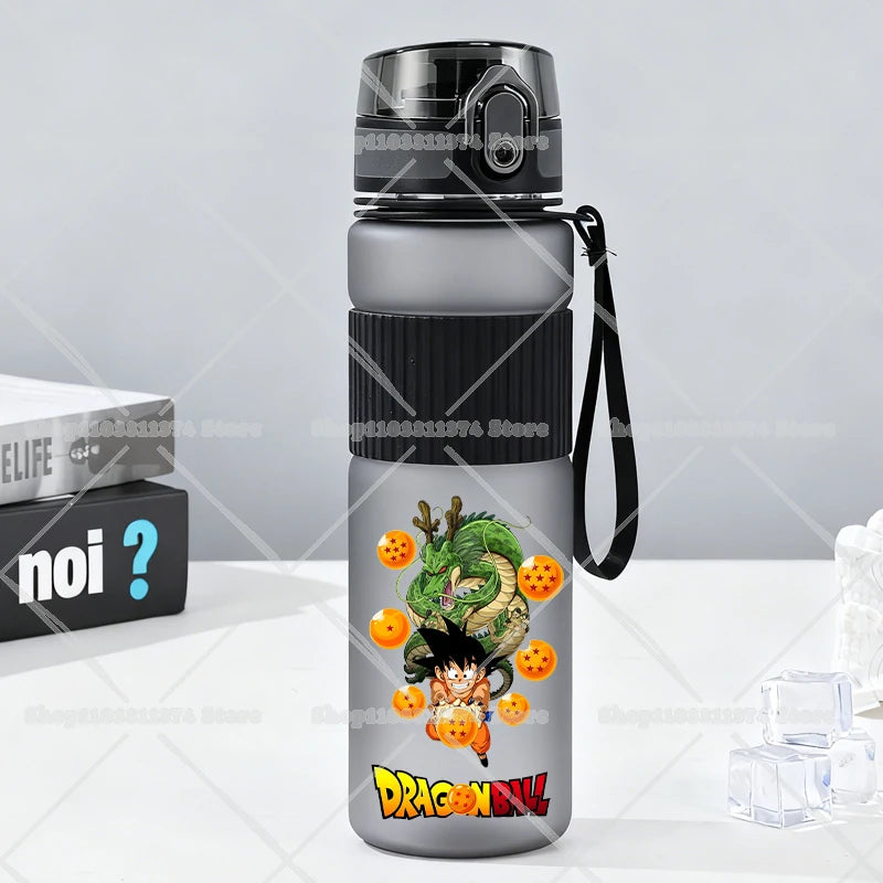 Gray water bottle with strap Dragon Ball - Goku child with Shenron