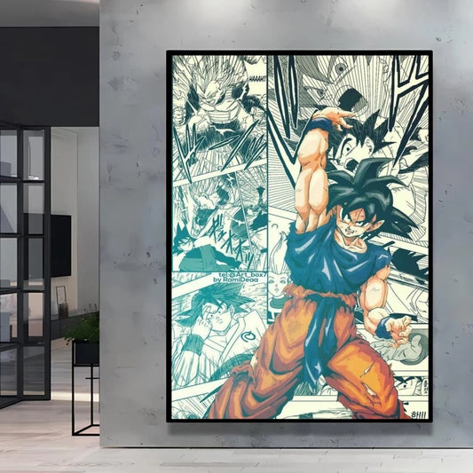 Poster sur toile Dragon Ball - Goku et cases manga sépia