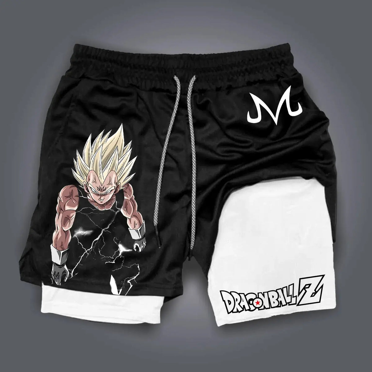 Short de sport noir et blanc Dragon Ball - Majin Vegeta au regard déterminé