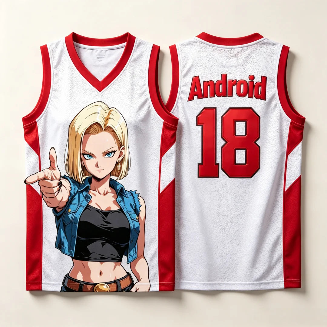 Maillot de basket Dragon Ball - C18 blanc et rouge