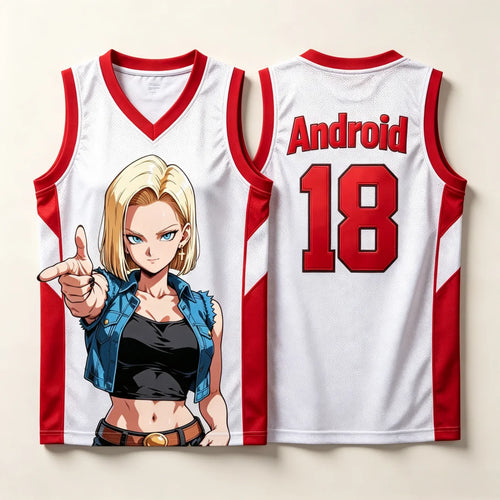 Maillot de basket Dragon Ball - C18 blanc et rouge