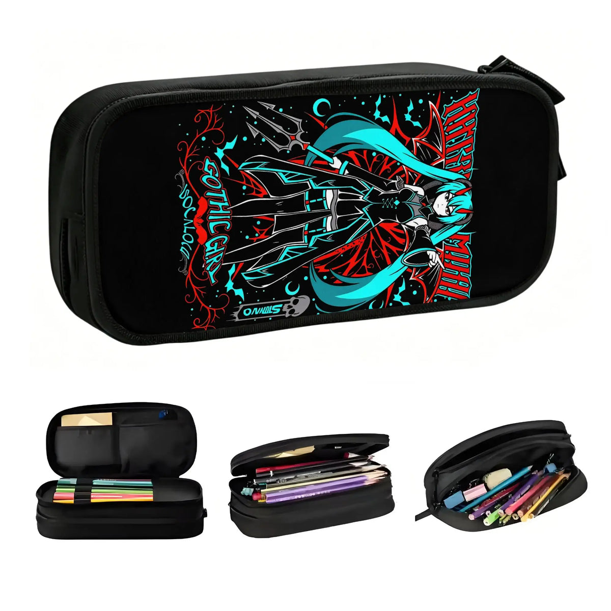 Trousse noire Vocaloid - Hatsune Miku en décor rouge et turquoise