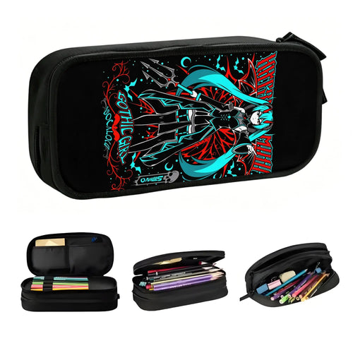 Trousse noire Vocaloid - Hatsune Miku en décor rouge et turquoise
