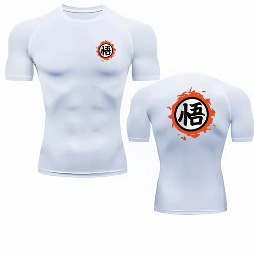Camiseta de compresión blanca Dragon Ball kanji Go y círculo naranja