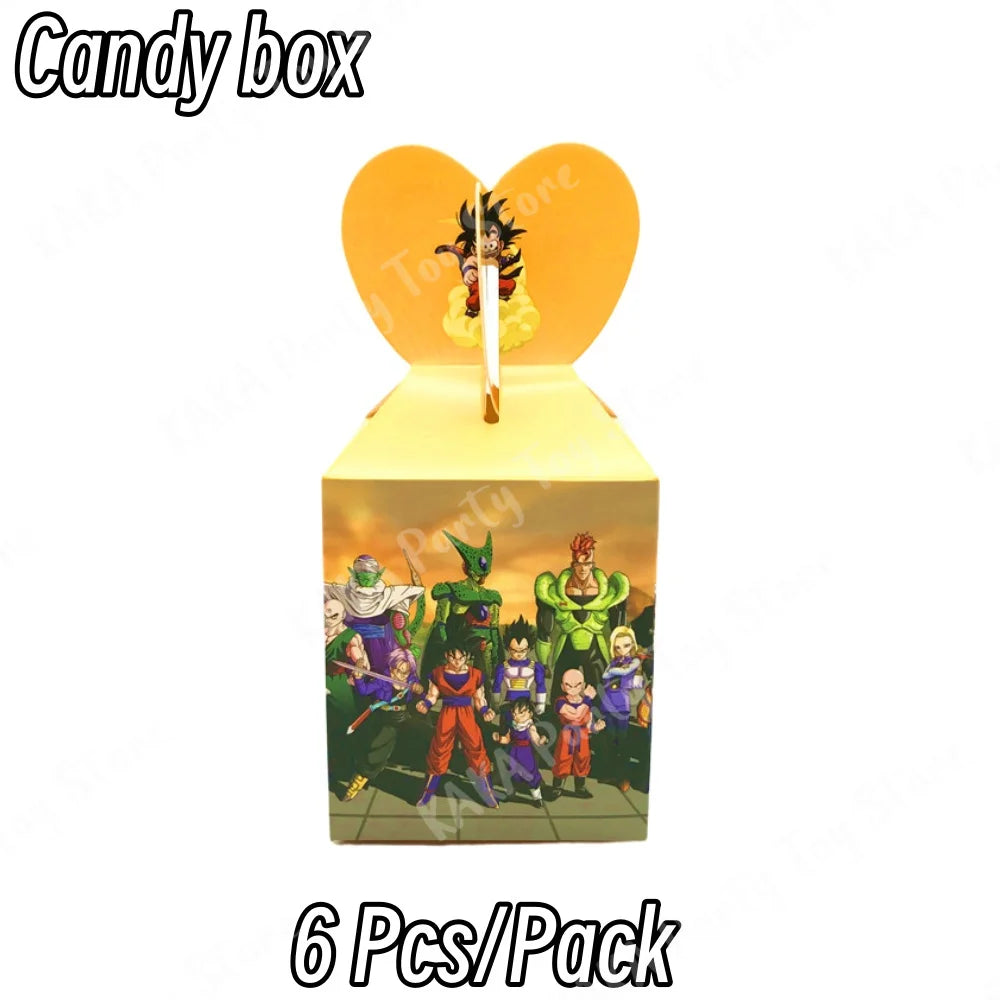 Cajas de dulces de cumpleaños de Dragon Ball - Goku y sus aliados sobre fondo amarillo