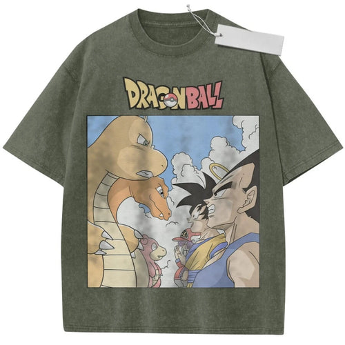 T-shirt kaki Dragon Ball Goku Vegeta e drago arancione