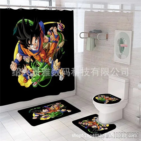Ensemble rideau de douche et tapis noirs Dragon Ball - Goku et Shenron chibi