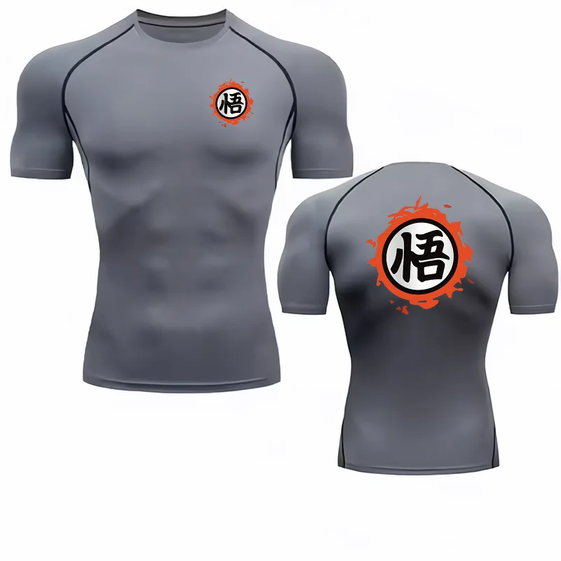 Camiseta de compresión gris de Dragon Ball con kanji Go y círculo naranja
