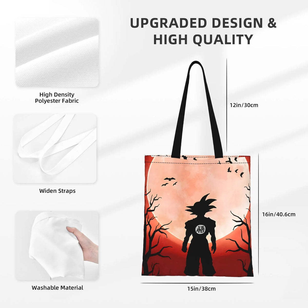 Tote bag rouge Dragon Ball - silhouette de Goku devant les arbres