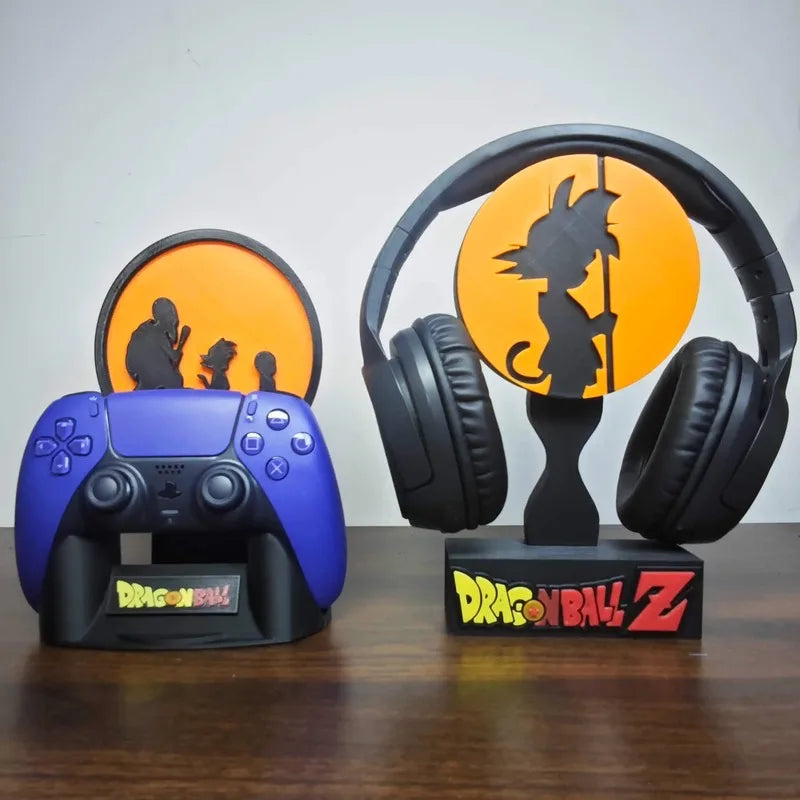 Soporte para auriculares negro Dragon Ball - silueta de Goku delante de un disco naranja