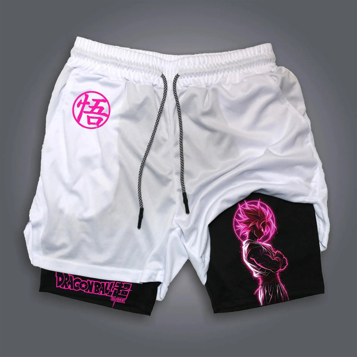 Short double couche blanc Dragon Ball - Black Goku Rosé en silhouette rose