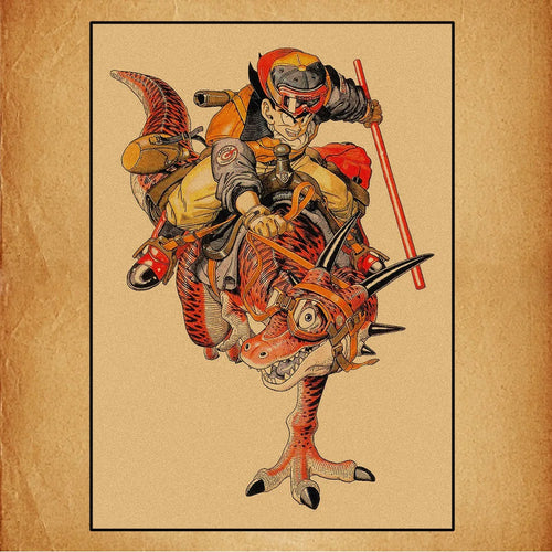 Retro Poster Dragon Ball - Goku on a red dinosaur