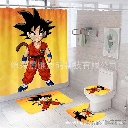 Juego de cortina de ducha y alfombra amarillas de Dragon Ball - Goku niño con atuendo rojo
