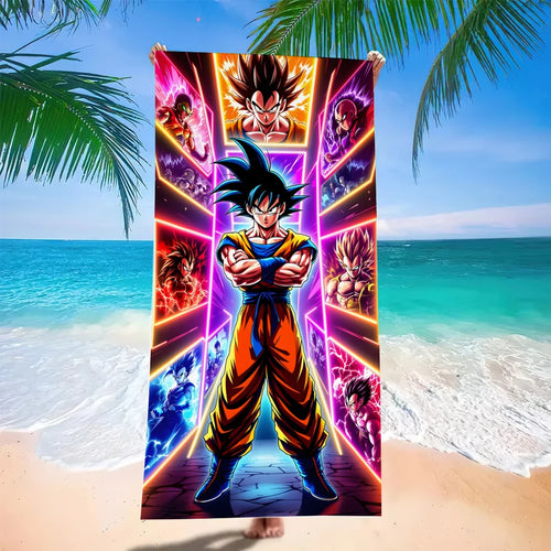 Serviette de plage multicolore Dragon Ball - Goku aux bras croisés et transformations