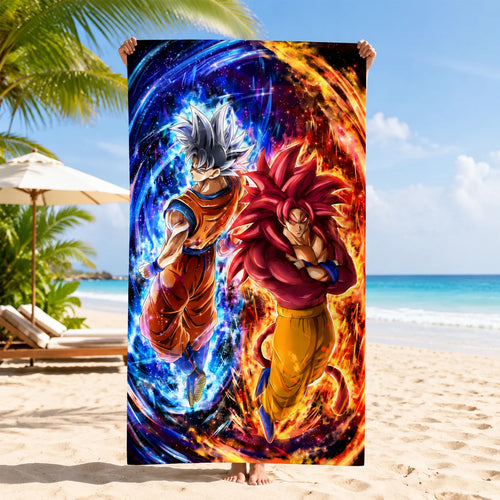 Toalla de playa roja y azul Dragon Ball - Goku Ultra Instinto y Super Saiyan 4