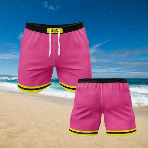 Maillot de bain short rose Dragon Ball - ceinture Majin et bordures jaunes