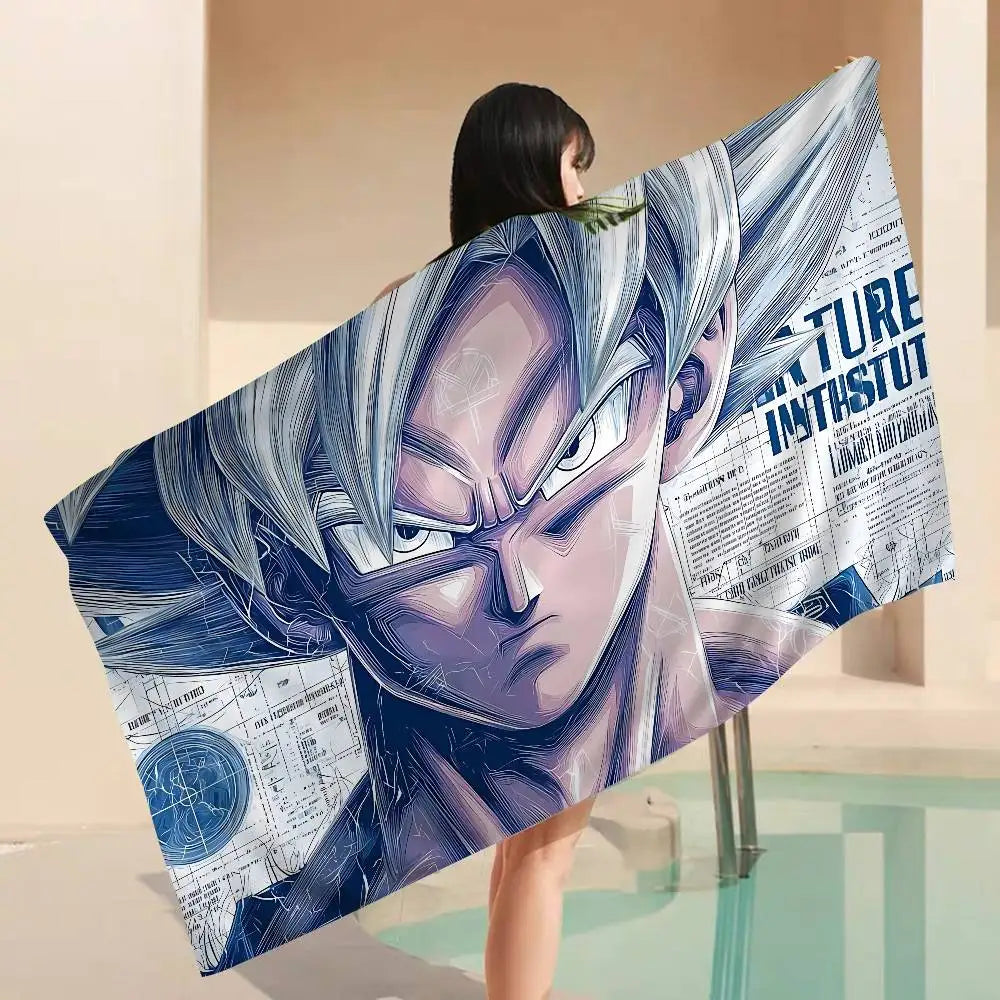 Serviette de plage bleue Dragon Ball - Goku et ses amis sur Shenron