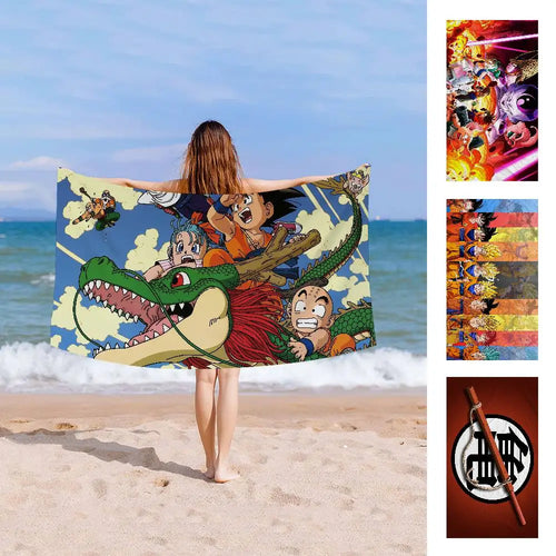 Serviette de plage bleue Dragon Ball - Goku et ses amis sur Shenron