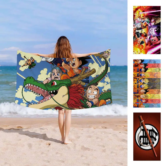 Serviette de plage bleue Dragon Ball - Goku et ses amis sur Shenron