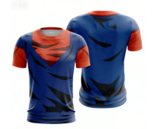 T-shirt orange et bleu Dragon Ball tenue de Goku déchirée sans emblème