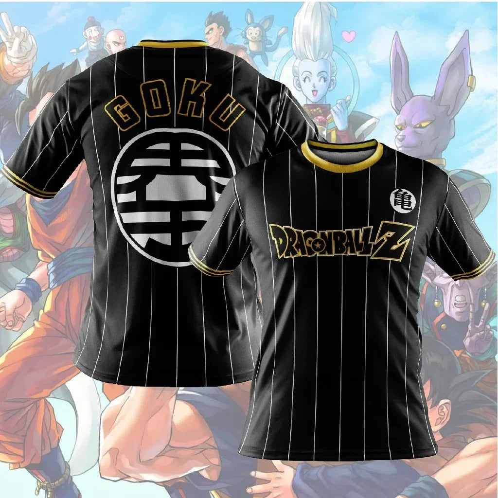 T-shirt maillot noir Dragon Ball Goku et emblème du roi Kaio