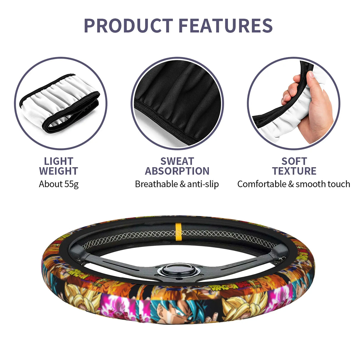 Dragon Ball steering wheel cover - Goku and warriors on orange background
