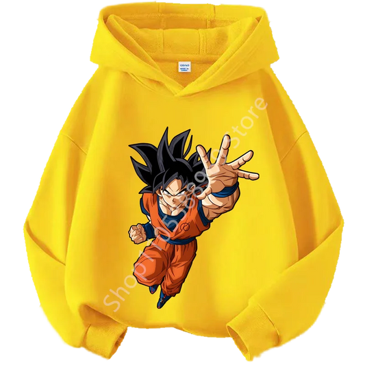 Felpa con cappuccio gialla per bambini Dragon Ball - Goku a braccia aperte