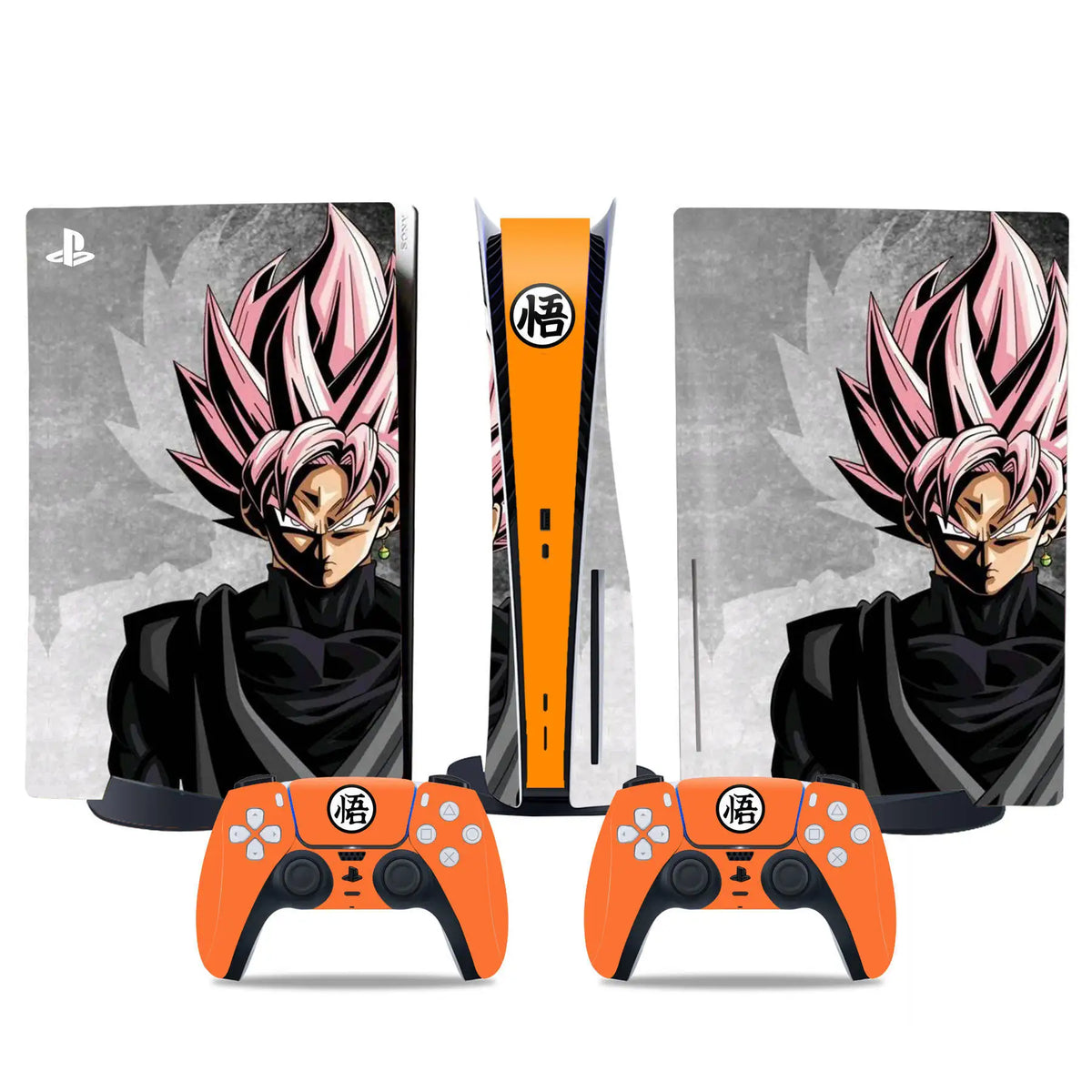 Adesivo PS5 e controller Dragon Ball - Black Goku Super Saiyan Rosé su sfondo grigio