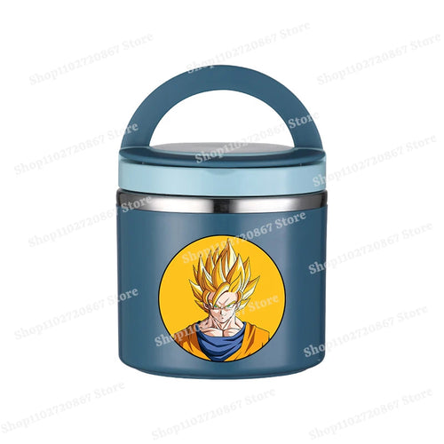 Boîte repas ronde bleue Dragon Ball - portrait de Goku Super Saiyan sur fond jaune