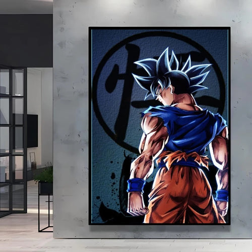 Poster on canvas Dragon Ball - Goku back and kanji on blue background