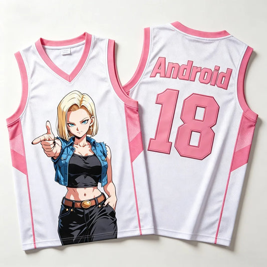 Maillot de basket Dragon Ball - C18 blanc et rose