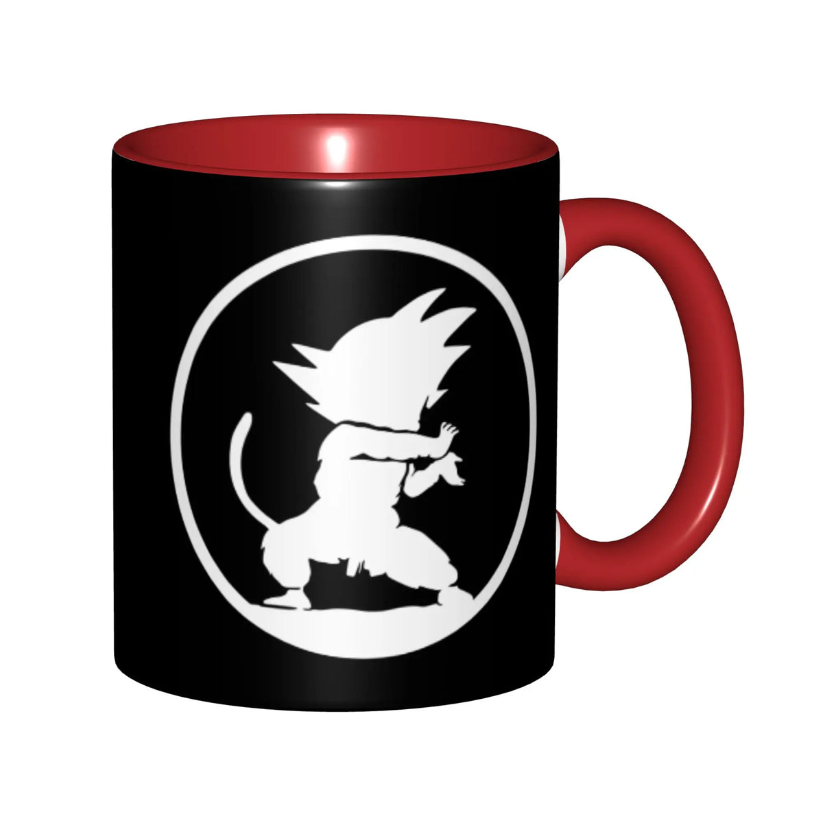 Taza negra con asa roja Dragon Ball - silueta blanca de Goku niño