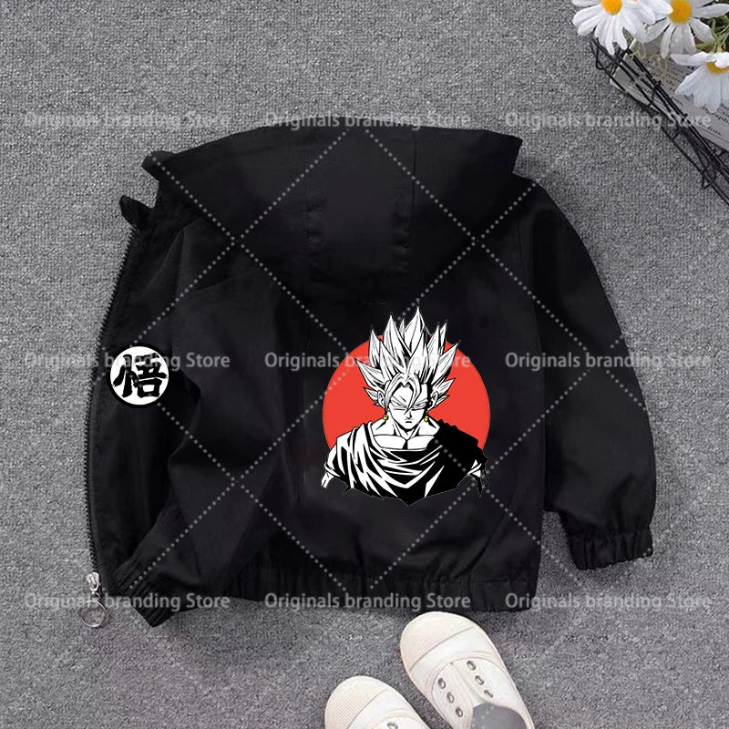 Schwarze Kapuze Jacke für Kind Dragon Ball - Weißes Haar Goku auf roter Scheibe