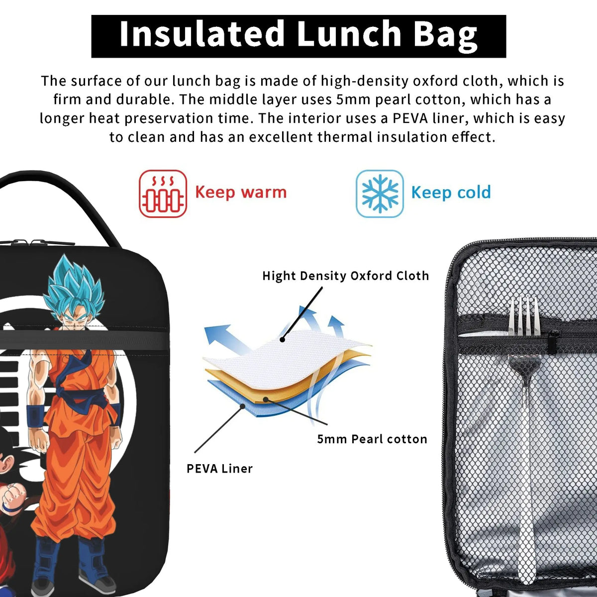 Sac repas noir Dragon Ball - Goku enfant Goku Blue et kanji Kame