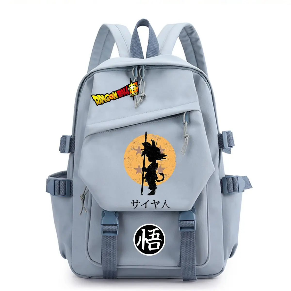 Black multi-pocket backpack Dragon Ball silhouette of Goku child and kanji Go