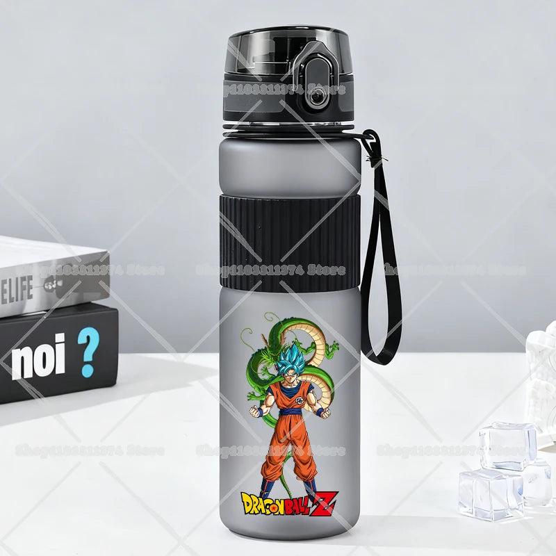 Gray water bottle with strap Dragon Ball - Goku child with Shenron
