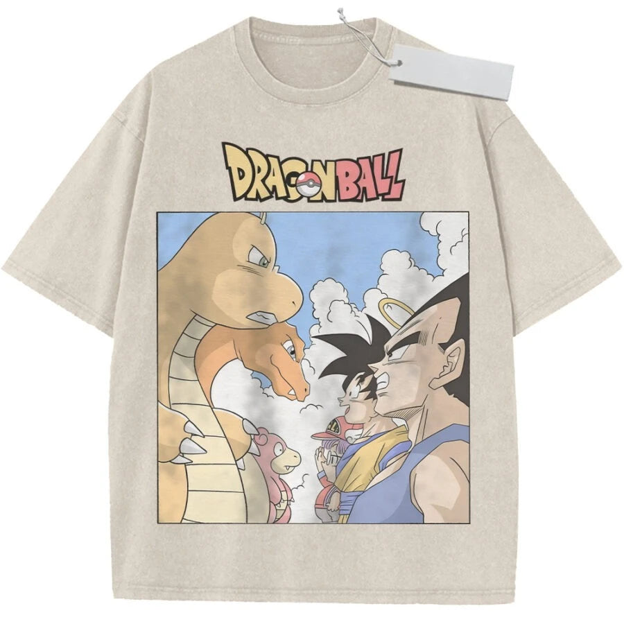 T-shirt beige Dragon Ball Goku Vegeta e drago arancione